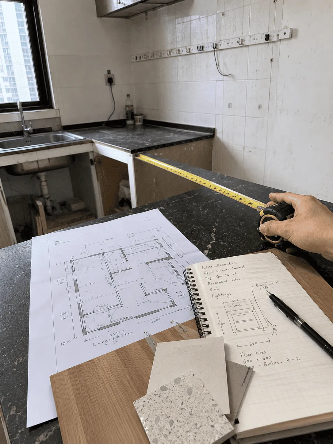 Detailed kitchen renovation planning with blueprints and measurements.