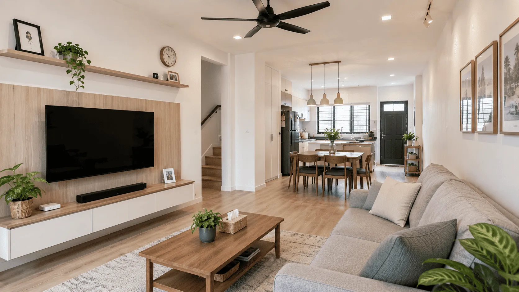 Spacious living room featuring contemporary furniture, a large flat-screen TV, and natural light.